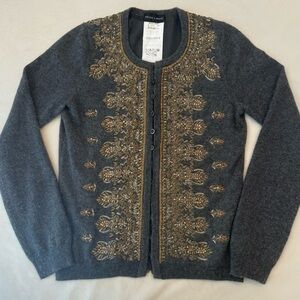 Rena Lange 100% Cashmere Cardigan with Gold Beading and Embroidery, sz S